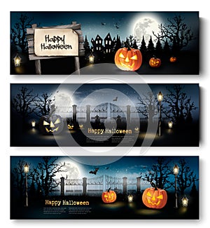 Three Holiday Halloween Banners with Pumpkins.