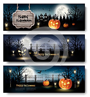 Three Holiday Halloween Banners with Pumpkins.