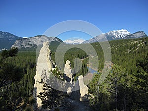 Banff National Park, Alberta, Hoodoos Overlooking the Bow River Valley and Tunnel Mountain, Canadian Rockies, Canada