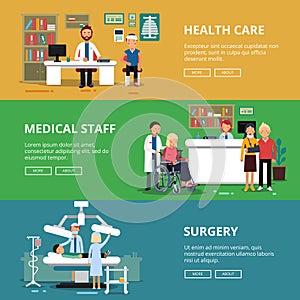 Three horizontal vector banners of healthcare concept pictures. Medical rooms and offices in hospital. Patients and