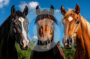 Three horses of different colors stand together in summer setting showcasing their unique beauty against bright blue sky scene photo