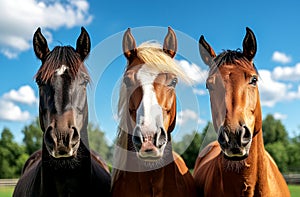 Three horses of different colors stand together under blue sky showcasing their unique features and expressions scene captures photo
