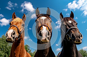 Three horses of different colors stand together under bright blue sky showcasing their unique features and expressions in serene photo
