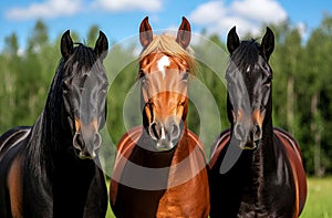 Three horses of different colors standing together in summer field, showcasing their unique beauty and strength against lush green photo