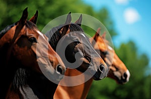 Three horses of different colors standing together in summer setting, showcasing their unique features and expressions against photo