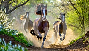 Three horses galloping on dirt trail early sunny spring morning