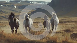 Three horses galloping in field against mountain backdrop