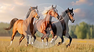 Three Horses Galloping in Golden Field