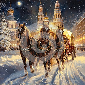 Three horses pulling a carriage in the snow