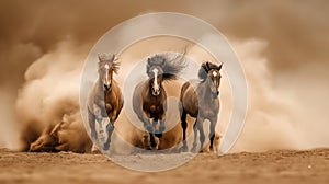 Three horses run gallop in the dust.