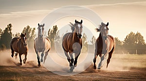 Three horses run gallop in the meadow at sunset time