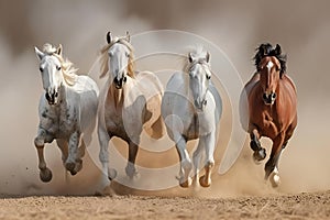 three horses running through a dirt field with dust in the air