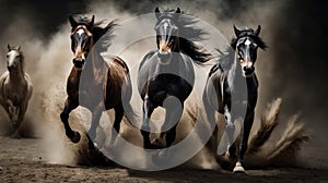 Three horses running on dirt track with dust in the air. Generative AI