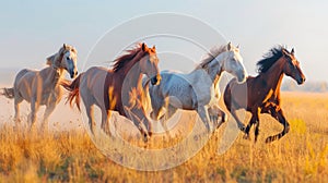 Three horses running in a field, dynamic outdoor scene