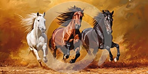Three Horses Running in Field With Sky Background