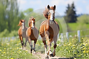 Three horses running on a spring field on a ranch