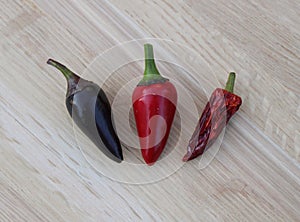 Three Hot Peppers in Varying Stages of Ripeness