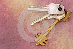 Three house keys on keyring over grunge background