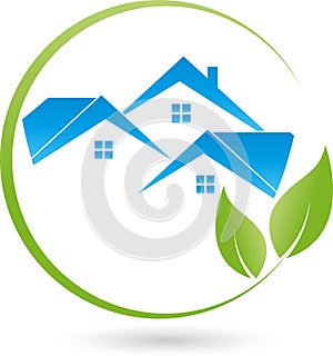 Three houses and leaves, plant, real estate and eco houses logo