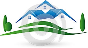 Three houses and meadow, real estate and houses Logo