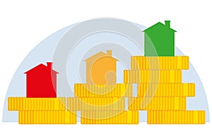 Three houses on piles of new coins vector illustration