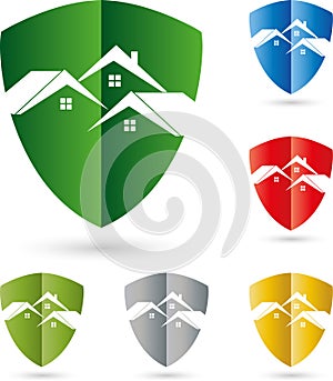 Three houses, roofs, coat of arms, real estate logo