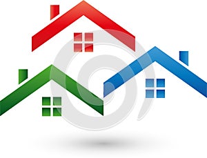 Three houses, roofs, roofers and real estate logo, icon