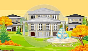 Three Houses With Trees and Water Fountain in Autumn Cartoon Vector Illustration