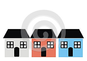 Three houses with window, door, and roof, various colours, vector icon