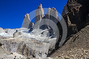 The three huge granite towers at the end of the W walk in Torres del Paine National Park