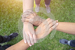 Three human join hands together background, collaboration of business teamwork concept, garden background, Top view