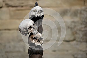 Three human skulls attached to a wooden spike with stone castle