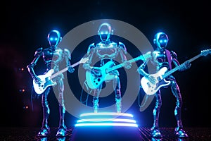 Three humanoids are playing electric guitars in dark room with neon lights. Generative AI