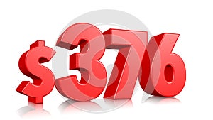 376$ Three hundred seventy six price symbol. red text number 3d render with dollar sign on white background