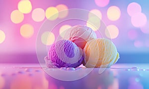 Three ice cream balls of different colors on a table