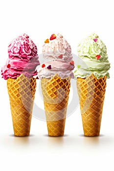 Three ice cream cones with different flavors of ice cream in them. Generative AI