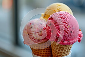 Three ice cream cones different flavors
