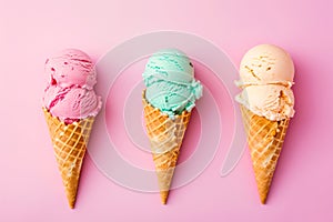 Three Ice Cream Cones on Pink Background