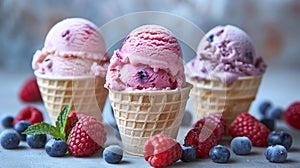 Three ice cream cones with raspberries and blueberries. Summer food
