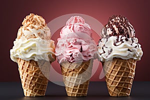 Three ice creams with three different flavors of strawberry, vanilla and banana on a bright background.