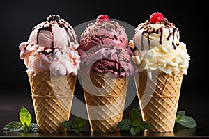 Three ice creams with three different flavors of strawberry, vanilla and banana on a bright background.