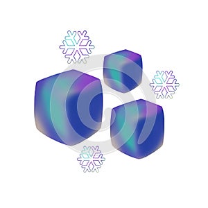 Three ice cubes and snowflakes symbol isolated on white background.
