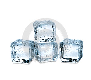 Three ice cubes on white background