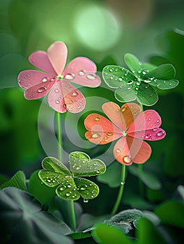 three independent colorful fourleaf clovers photo