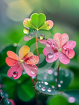 three independent colorful fourleaf clovers photo