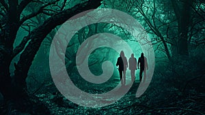 Three individuals confidently navigate through a dimly lit forest, surrounded by towering trees and tangled undergrowth, Phantom