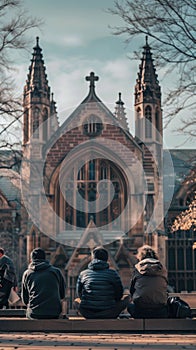 Three individuals seated before a historic church reflecting in contemplation.