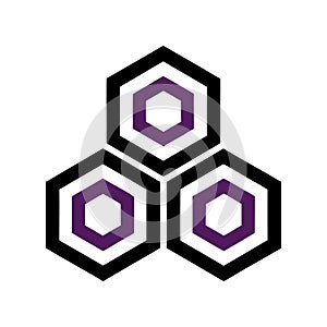 Three interconnected purple and black hexagons on a white background