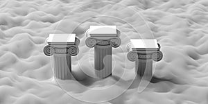 Three ionic classic stone columns on cloudscape background. 3d illustration