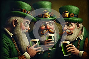 Three Irish friends in green hats are drinking beer in a bar on St. Patrick`s Day. Cartoon style